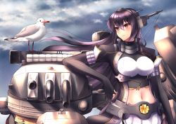 Rule 34 | 1girl, bad id, bad pixiv id, bird, black gloves, black hair, breasts, cannon, cloud, coat, cowboy shot, elbow gloves, emblem, fingerless gloves, gloves, grey sky, headgear, itsuwa (continue), kantai collection, large breasts, long hair, machinery, miniskirt, nagato (kancolle), navel, partially fingerless gloves, pleated skirt, red eyes, seagull, skirt, sky, thighhighs, white skirt