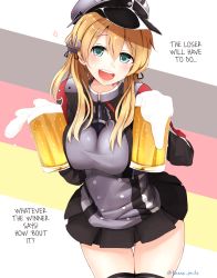 Rule 34 | 10s, 1girl, :d, alcohol, anchor hair ornament, artist name, beer, beer mug, black skirt, black thighhighs, blonde hair, blush, breasts, collar, cowboy shot, cross, cup, eyebrows, flag background, foam, german flag, green eyes, grey hat, hair between eyes, hair ornament, hard-translated, hat, head tilt, heart, holding, holding cup, iron cross, kanna (horntp), kantai collection, large breasts, long sleeves, looking at viewer, low twintails, military, military uniform, mug, open mouth, peaked cap, pleated skirt, prinz eugen (kancolle), round teeth, skirt, smile, solo, teeth, text focus, thigh gap, thighhighs, third-party edit, translated, twintails, uniform, zettai ryouiki