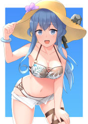 Rule 34 | 1girl, akahi242, animal, bikini, blue eyes, blue hair, breasts, cleavage, collarbone, cowboy shot, gotland (kancolle), groin, hair between eyes, hat, highres, kantai collection, large breasts, long hair, mole, mole under eye, open mouth, sheep, smile, solo, sun hat, swimsuit, wristband