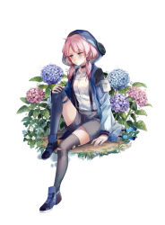 Rule 34 | 1girl, ahoge, arknights, black thighhighs, blue eyes, blue flower, blue jacket, blue poison (arknights), blue poison (elite ii) (arknights), breasts, commentary request, flower, highres, hood, jacket, long hair, long sleeves, low twintails, open clothes, pink hair, red flower, shirt, shorts, sitting, smile, solo, thighhighs, twintails, white shirt, yorktown cv-5