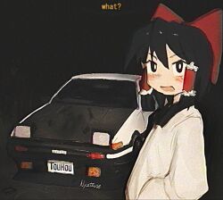 Rule 34 | 1girl, alternate costume, black hair, blush, bow, car, hair bow, hair tubes, hakurei reimu, initial d, jacket, license plate, looking at viewer, motor vehicle, nyztsune, outdoors, red bow, solo, touhou, toyota, toyota sprinter trueno
