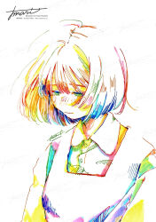 Rule 34 | 1girl, absurdres, artist name, blush, bob cut, breasts, buttons, closed mouth, collared shirt, colorful, commentary request, dress, half-closed eyes, hatching (texture), highres, looking down, original, pinafore dress, school uniform, shirt, short hair, signature, simple background, sleeveless, sleeveless dress, small breasts, solo, traditional media, upper body, watanabe tomari, watermark, white background