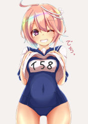 Rule 34 | 1girl, ahoge, blouse, blue sailor collar, breasts, clothes lift, commentary request, cowboy shot, gluteal fold, grey background, grin, hair ornament, highres, i-58 (kancolle), kantai collection, large breasts, lifting own clothes, looking at viewer, name tag, one eye closed, pink eyes, pink hair, sailor collar, school swimsuit, school uniform, serafuku, shirt, shirt lift, short hair, simple background, smile, solo, swimsuit, swimsuit under clothes, unomi, white shirt