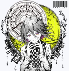 Rule 34 | 1boy, barcode, checkered clothes, checkered neckwear, checkered scarf, clock, clockwork, commentary request, danganronpa (series), danganronpa v3: killing harmony, goto (sep), hair between eyes, hands up, highres, limited palette, long sleeves, looking at viewer, male focus, oma kokichi, purple eyes, purple hair, roman numeral, scarf, short hair, smile, solo, spot color, upper body