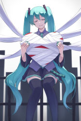 Rule 34 | 1girl, bandages, belt, blue hair, closed eyes, collared shirt, hair ornament, hatsune miku, heart, highres, holding, holding heart, long hair, long sleeves, nail polish, necktie, on railing, pleated skirt, railing, shirt, signature, sitting, skirt, smile, solo, streaming heart (vocaloid), thighhighs, twintails, very long hair, vocaloid, wanoka 04