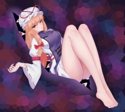Rule 34 | 1girl, absurdres, ass, bare legs, barefoot, blonde hair, bow, dress, feet, frilled dress, frills, full body, hair bow, hat, hat ribbon, highres, legs, liang tong wu lu, lips, long legs, long sleeves, mob cap, red bow, red ribbon, ribbon, tabard, thick thighs, thighs, toes, touhou, trigram, white dress, white headwear, wide sleeves, yakumo yukari, yellow eyes
