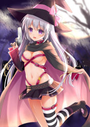 Rule 34 | 1girl, :d, absurdres, asymmetrical legwear, ayachi nene, bad id, bad pixiv id, bare tree, belt, belt buckle, black cape, black footwear, black hat, black skirt, blurry, blurry background, blush, boots, bow, breasts, buckle, building, cannian dada, cape, cleavage, commentary request, depth of field, gun, hair between eyes, handgun, hat, hat bow, head tilt, highres, holding, holding gun, holding weapon, long hair, long sleeves, medium breasts, multicolored cape, multicolored clothes, navel, open mouth, pink bow, pink cape, pistol, pleated skirt, purple eyes, red belt, revolver, sanoba witch, silver hair, single thighhigh, skirt, smile, solo, standing, standing on one leg, striped bow, striped clothes, striped thighhighs, thighhighs, thighhighs under boots, tree, uneven legwear, very long hair, weapon, weapon request, witch hat