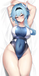 Rule 34 | 1girl, absurdres, arms up, black hairband, blue hair, blue one-piece swimsuit, breasts, commentary, competition swimsuit, covered navel, cowboy shot, english commentary, eula (genshin impact), genshin impact, hairband, highres, large breasts, looking at viewer, medium hair, nine (kanine41), one-piece swimsuit, solo, swimsuit, thigh gap, two-tone swimsuit, yellow eyes