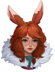 Rule 34 | 1girl, animal ears, aurora (league of legends), boraiolet, commentary, english commentary, freckles, fur trim, glasses, green eyes, hair between eyes, highres, league of legends, long hair, looking at viewer, orange hair, portrait, rabbit ears, round eyewear, sidelocks, simple background, smile, solo, white background