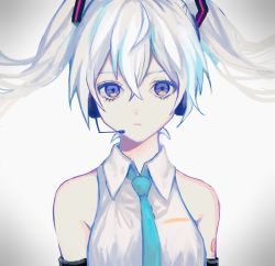 Rule 34 | 1girl, bare shoulders, blue eyes, blue necktie, collared shirt, grey background, hair between eyes, hatsune miku, headphones, long hair, looking at viewer, microphone, necktie, p2 (uxjzz), parted lips, shirt, silver hair, solo, upper body, vocaloid, wing collar