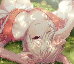 Rule 34 | 10s, 1girl, animal ears, arms up, blurry, blurry background, breasts, cat ears, commentary request, dappled sunlight, day, depth of field, downblouse, dress, final fantasy, final fantasy xiv, fingernails, foreshortening, grass, highres, looking at viewer, lying, medium breasts, miqo&#039;te, no bra, on back, on grass, one eye closed, outdoors, plant, puffy short sleeves, puffy sleeves, red eyes, sakura chiyo (konachi000), shadow, short hair, short sleeves, signature, silver hair, solo, sunlight, white dress