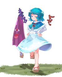 Rule 34 | bare legs, blue hair, capelet, closed eyes, geta, hands on own hips, highres, karakasa obake, long sleeves, nail polish, skirt, solo, spread toes, tatara kogasa, toenail polish, toenails, toes, touhou, translation request, umbrella, user hsed5747