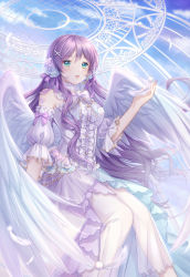 Rule 34 | 1girl, angel wings, birdcage, bow, bowtie, cage, center frills, commentary request, cup (13636466299), day, detached collar, detached sleeves, dress, feathered wings, feathers, flower, frilled sleeves, frills, green eyes, hair flower, hair ornament, hair ribbon, headset, heart, highres, long hair, looking at viewer, love live!, love live! school idol festival, love live! school idol project, open mouth, purple bow, purple dress, purple hair, purple ribbon, ribbon, shoulder tattoo, sitting, sky, solo, tattoo, tojo nozomi, white feathers, wings, x hair ornament