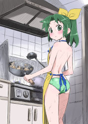 Rule 34 | 10s, 1girl, apron, ass, backless outfit, blush, cooking, fire, fire, from behind, green eyes, green hair, highres, isedaichi ken, ladle, looking at viewer, looking back, matching hair/eyes, midorikawa nao, nearly naked apron, open mouth, panties, ponytail, precure, rice, short hair, smile precure!, solo, stove, sweat, topless, underwear, wok