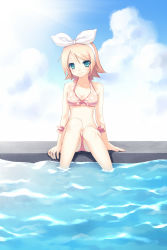 Rule 34 | 00s, 1girl, aqua eyes, arm support, bikini, blonde hair, bow, breasts, cleavage, cloud, day, front-tie top, hair bow, head tilt, highres, kagamine rin, looking at viewer, medium breasts, nana mikoto, navel, partially submerged, pink bikini, polka dot, polka dot bikini, polka dot swimsuit, pool, poolside, short hair, side-tie bikini bottom, sitting, smile, soaking feet, solo, swimsuit, vocaloid, water