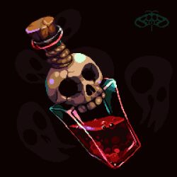 Rule 34 | black background, bottle, chrysope, no humans, original, pixel art, potion, skull