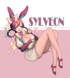 Rule 34 | 1girl, animal ears, blue eyes, breasts, cleavage, hair ribbon, highres, juck pill, legs, personification, pink hair, pokemon, ribbon, solo, sylveon