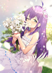 Rule 34 | 1girl, absurdres, ahoge, aqua eyes, bare arms, bare shoulders, blue ribbon, blurry, blurry background, blush, bouquet, buttons, commentary, cowboy shot, crossed bangs, day, dress, flower, frilled dress, frills, glint, grin, hair between eyes, hair ribbon, half-closed eyes, hands up, highres, holding, holding bouquet, idolmaster, idolmaster million live!, idolmaster million live! theater days, jewelry, lens flare, light particles, lily (flower), long hair, looking at viewer, looking to the side, mochizuki anna, necklace, outdoors, pendant, purple hair, ribbon, ribbon-trimmed dress, ribbon trim, shennai misha, sleeveless, sleeveless dress, smile, solo, standing, sundress, symbol-only commentary, uneven eyes, white dress, white flower, white ribbon, wristband