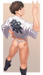 Rule 34 | 1boy, ass, back, black hair, brown eyes, fundoshi, highres, japanese clothes, looking at viewer, male focus, muscular, muscular male, nayoshi (r-744), original, outside border, short hair, smile, solo, teeth, thighs, v, wide sleeves