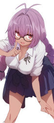 Rule 34 | 1girl, :d, antenna hair, black-framed eyewear, blue skirt, braid, breasts, cleavage, clothes around waist, collared shirt, dark-skinned female, dark skin, fingernails, glasses, grey jacket, hair intakes, hand up, highres, jacket, jacket around waist, large breasts, leaning forward, looking at viewer, open mouth, pleated skirt, purple hair, red eyes, shirt, simple background, skirt, smile, solo, sumiyao (amam), twin braids, usada hikaru, white background, white shirt, wing collar