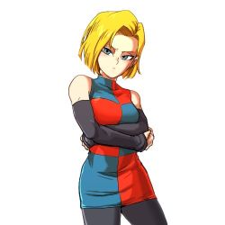 Rule 34 | 1girl, android 18, android 21, android 21 (cosplay), artist request, bare shoulders, blonde hair, blue eyes, breasts, cosplay, crossed arms, detached sleeves, dragon ball, dragon ball fighterz, dragonball z, earrings, jewelry, looking at viewer, lowres, medium breasts, short hair, solo