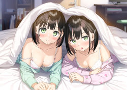 Rule 34 | 2girls, akemi (kantoku), bed, bed sheet, black hair, blurry, blurry background, blush, bra, breasts, cleavage, closed mouth, collarbone, commentary request, green eyes, highres, himeru (kantoku), indoors, kantoku, long sleeves, looking at viewer, lying, medium breasts, multiple girls, off shoulder, on stomach, open mouth, original, pajamas, short hair, smile, strap slip, under covers, underwear