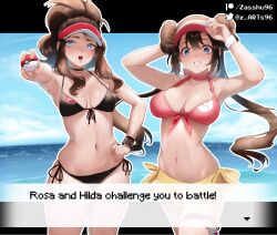Rule 34 | 2girls, bikini, black bikini, blue eyes, blue sky, breasts, brown hair, cloud, commentary, creatures (company), day, dialogue box, double bun, english commentary, english text, floating hair, game freak, grin, hair bun, hand on own hip, high ponytail, highres, hilda (pokemon), holding, holding poke ball, large breasts, long hair, looking at viewer, medium breasts, multiple girls, navel, nintendo, ocean, open mouth, outdoors, paid reward available, pink bikini, poke ball, poke ball (basic), pokemon, pokemon bw, pokemon bw2, rosa (pokemon), sarong, sky, smile, stomach, swimsuit, twintails, visor cap, watch, wet, wristwatch, yellow sarong, zasshu