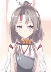Rule 34 | 10s, 1girl, brown eyes, brown hair, food, hachimaki, headband, highres, holding, holding plate, japanese clothes, kantai collection, long hair, looking at viewer, mku, muneate, omelet, plate, ponytail, smile, solo, tamagoyaki, zuihou (kancolle)