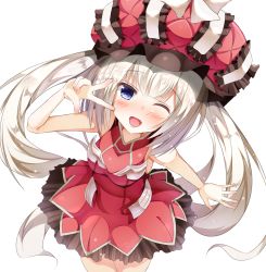 Rule 34 | 1girl, :d, blue eyes, blush, commentary request, fate/grand order, fate (series), from above, hat, highres, kuro75268, long hair, looking at viewer, marie antoinette (fate), one eye closed, open mouth, silver hair, smile, solo, twintails, w, white background