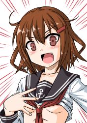 Rule 34 | &gt;:d, 10s, 1girl, :d, areola slip, blush, breasts, brown eyes, brown hair, clothes lift, collarbone, commentary request, emphasis lines, fang, hair ornament, hairclip, ikazuchi (kancolle), kantai collection, long sleeves, looking at viewer, murasaki (konekomilk), neckerchief, open mouth, red neckerchief, shirt lift, short hair, simple background, small breasts, smile, solo, tsurime, underboob, upper body, v-shaped eyebrows, white background