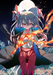 Rule 34 | 1girl, bow, collared shirt, colored inner hair, commentary, fire, flower, fujiwara no mokou, full moon, grey hair, hair between eyes, hair bow, highres, long hair, long sleeves, looking at viewer, moon, multicolored hair, muraryo, outdoors, pants, red eyes, red pants, shirt, solo, suspenders, touhou, v-shaped eyebrows, white bow, white shirt