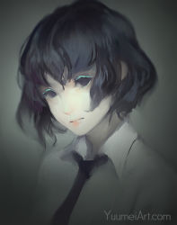 Rule 34 | 1girl, black eyes, black hair, black necktie, closed mouth, collared shirt, colored eyelashes, commentary, highres, looking at viewer, necktie, original, pale skin, portrait, shirt, short hair, solo, upper body, watermark, web address, white shirt, wing collar, yuumei