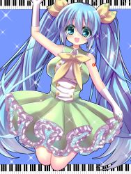 Rule 34 | 1girl, absurdly long hair, anniversary, aqua background, aqua eyes, aqua hair, artist name, artist request, bare legs, bare shoulders, blue eyes, blue hair, bow, breasts, dress, female focus, green dress, green skirt, hair bow, hand wave, hatsune miku, highres, hinao, hiyoko3, holding, holding clothes, holding skirt, instrument, long hair, medium breasts, number tattoo, piano, shoulder tattoo, skirt, solo, sparkle, tattoo, twintails, very long hair, vocaloid, yellow bow, yellow neckwear