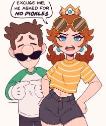 Rule 34 | 1boy, 1girl, = =, absurdres, alternate costume, alternate hairstyle, angry, artist name, assertive female, closed eyes, contrapposto, cowboy shot, cremanata, crown, cutoffs, denim, denim shorts, earrings, english text, excuse me he asked for no pickles (meme), eyewear on head, facial hair, facing viewer, fingers together, flower earrings, freckles, gloves, green sleeves, hands on own hips, highres, index fingers together, jewelry, long sleeves, looking at viewer, luigi, mario (series), meme, midriff, midriff peek, mustache, navel, nintendo, open mouth, princess daisy, raglan sleeves, round eyewear, shirt, short sleeves, short twintails, shorts, shoulder tilt, signature, simple background, smile, speech bubble, standing, striped clothes, striped shirt, sunglasses, super mario land, t-shirt, teeth, tomboy, twintails, upper teeth only, upset, v-shaped eyebrows, white background, white gloves, yellow shirt