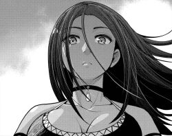Rule 34 | arisa (crazy food truck), armband, black hair, black tank top, breasts, choker, cleavage, closed mouth, crazy food truck, flowing hair, from below, greyscale, looking down, manga illustration, medium breasts, monochrome, official art, ogaki rokurou, outdoors, sky, tank top