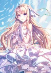Rule 34 | 1girl, blonde hair, chinese commentary, civia, cloud, dress, flower, gloves, hair flower, hair ornament, hands on own chest, highres, hololive, hololive china, horns, jewelry, jinse fu yaojing, looking at viewer, necklace, open mouth, parted bangs, pearl necklace, purple eyes, single horn, sky, smile, solo, tiara, unicorn girl, virtual youtuber, wedding dress, white dress, white flower, white gloves