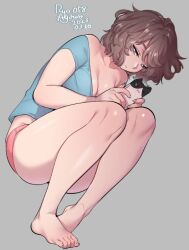 Rule 34 | 1girl, agawa ryou, barefoot, breasts, brown hair, cellphone, cleavage, commentary, dated, english commentary, feet, full body, holding, holding phone, medium breasts, medium hair, messy hair, off shoulder, original, panties, phone, shirt, signature, smartphone, smartphone case, solo, t-shirt, toes, underwear