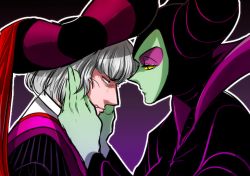 Rule 34 | 1boy, 1girl, bad id, bad pixiv id, claude frollo, colored sclera, colored skin, disney, eyeshadow, fake horns, green skin, hands on another&#039;s face, horned headwear, horns, makeup, maleficent, marimo (yousei ranbu), one man&#039;s dream ii, sleeping beauty, the hunchback of notre dame, yellow sclera, aged down