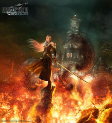 Rule 34 | 1boy, armor, belt, boots, building, cloud, cloudy sky, copyright name, copyright notice, dark clouds, debris, destruction, embers, final fantasy, final fantasy vii, final fantasy vii remake, fire, highres, holding, holding weapon, logo, long hair, looking at viewer, male focus, official art, sephiroth, shoulder armor, sky, smoke, solo, square enix, standing, strap, sword, very long hair, weapon