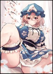 Rule 34 | 1girl, absurdres, blue hat, blue kimono, branch, breasts, cherry blossom print, closed mouth, commentary request, expressionless, floral print, flower, hat, highres, hira-san, japanese clothes, kimono, large breasts, looking at viewer, m legs, mob cap, outdoors, panties, pink hair, red eyes, saigyouji yuyuko, sash, short hair, solo, thigh strap, touhou, triangular headpiece, underwear, white panties