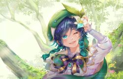 Rule 34 | 1boy, absurdres, androgynous, basakila, beret, bow, bowtie, braid, flower, genshin impact, green eyes, green hat, hat, highres, looking at viewer, morning, multicolored hair, outdoors, portrait, smile, solo, venti (genshin impact)