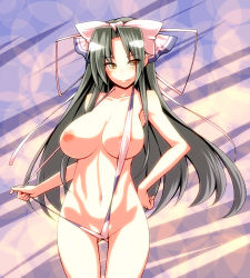 Rule 34 | 1girl, :q, breasts, breasts apart, cowboy shot, eyes visible through hair, female focus, green hair, grey hair, hand on own hip, large breasts, long hair, mima (touhou), nipples, ribbon, slingshot swimsuit, solo, stomach, swimsuit, symbol-shaped pupils, tongue, tongue out, touhou, touhou (pc-98), tro (trombe), very long hair, yellow eyes