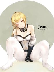 Rule 34 | absurdres, armor, bare shoulders, blonde hair, blue eyes, blush, breasts, character name, cleavage, closed mouth, collarbone, gauntlets, genshin impact, highres, jean (genshin impact), kino shay, long hair, no shoes, pantyhose, sitting, solo, spread legs, twitter username, vambraces