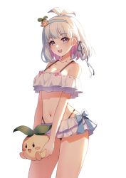 Rule 34 | 1girl, :d, absurdres, bare shoulders, bikini, blue eyes, breasts, frilled bikini, frills, hairband, happy, highres, looking at viewer, multicolored hair, navel, open mouth, original, short hair, small breasts, smile, streaked hair, swimsuit, thighs, ugwa, white background, white bikini, white hair
