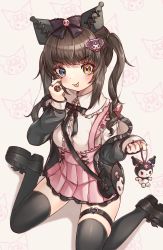 Rule 34 | 1girl, :p, absurdres, akanbe, black bag, black hair, black jacket, black thighhighs, blue eyes, blush, bow, brown hair, buckle, collared shirt, commentary request, eyelid pull, finger to eye, hair ornament, hairclip, heart, heart-shaped buckle, heterochromia, highres, holding charm, jacket, jewelry, long sleeves, looking at viewer, nail polish, narurock8925, original, overall skirt, pink skirt, pleated skirt, purple bow, red nails, ring, shirt, shirt tucked in, sidelocks, skirt, smile, solo, thigh strap, thighhighs, tongue, tongue out, twintails, v-shaped eyebrows, white shirt, yellow eyes