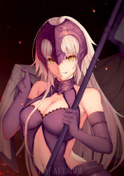 Rule 34 | 1girl, armor, armpit peek, artist name, banner, bare shoulders, black gloves, blanket, breasts, cleavage, cleavage cutout, closed eyes, clothing cutout, collar, collarbone, dress, elbow gloves, fate/grand order, fate (series), faulds, gloves, grin, head tilt, highres, holding, jeanne d&#039;arc (fate), jeanne d&#039;arc alter (avenger) (fate), jeanne d&#039;arc alter (avenger) (third ascension) (fate), jeanne d&#039;arc alter (fate), long hair, looking at viewer, medium breasts, midriff, military, military uniform, naval uniform, navel cutout, parted lips, rafael-m, skindentation, sleeveless, sleeveless dress, smile, solo, stomach, straight hair, teeth, uniform, upper body, v-shaped eyebrows, very long hair, white hair, yellow eyes