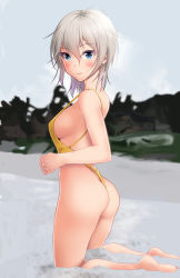 Rule 34 | 1girl, anastasia (idolmaster), ass, back, blue eyes, blush, breasts, closed mouth, hair between eyes, highres, hip focus, idolmaster, idolmaster cinderella girls, kneeling, looking at viewer, looking to the side, medium breasts, one-piece swimsuit, short hair, sideboob, silver hair, smile, solo, swimsuit, taka (takahirokun), thighs, yellow one-piece swimsuit