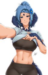 Rule 34 | 1girl, airisubaka, artist name, au ra, blue eyes, blue hair, blue shirt, braid, breasts, clothes lift, commentary, cowboy shot, facial mark, final fantasy, final fantasy xiv, flower, forehead mark, groin, hair flower, hair ornament, highres, horns, large breasts, lifted by self, light smile, looking at viewer, midriff, navel, outstretched arm, ponytail, scales, selfie, shirt, shirt lift, short hair, short sleeves, signature, simple background, solo, symbol-only commentary, tail, warrior of light (ff14), white background