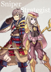 Rule 34 | 2boys, armor, blonde hair, bow (weapon), cape, drill hair, english text, european clothes, fire emblem, fire emblem fates, forrest (fire emblem), gloves, gzei, holding, holding weapon, japanese clothes, kiragi (fire emblem), looking at viewer, multiple boys, nintendo, simple background, smile, weapon, white hair