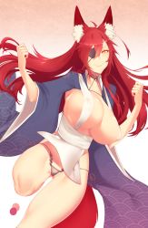 Rule 34 | 1girl, absurdres, animal ears, breasts, covered erect nipples, eyepatch, fox ears, highres, kitsu (n0r0), large breasts, long hair, looking at viewer, n0r0, original, red hair, revealing clothes, solo, thighhighs, thighs, yellow eyes